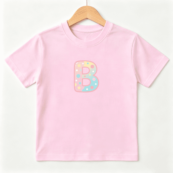 Cute Pink Letter B Girls Graphic Tee Sweet Alphabet Birthday Gift 100% Cotton Kids Short Sleeve T-Shirt 4-13Y