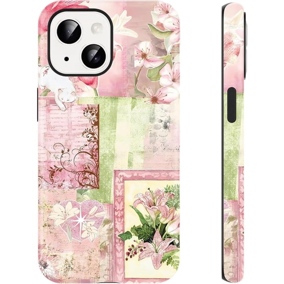 Cute Pink Lily Flower Cat Collage Phone Case for iPhone 15 Magnetic Case 6.1" Compatible with Magsafe, Aesthetic Preppy Floral Pattern 2-in-1 Cover Shockproof Slim for Women Girls