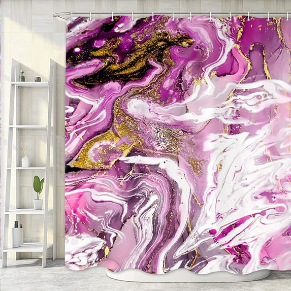 Cute Pink Marble Shower Curtain, Watercolor Abstract Modern Decorative Bath Curtain, Polyester Fabric Jade Green Blue Odd Gold Elegant Texture Luxury Striped Bathroom Curtain with Hooks