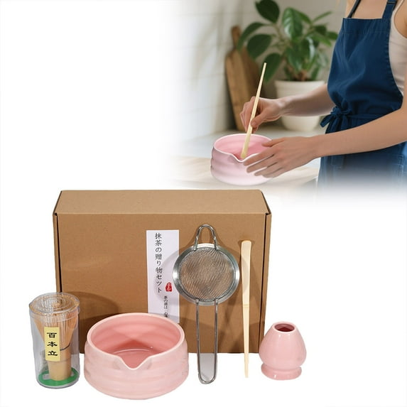 Cute Pink Matcha Whisk Set of 5 Pieces with Bowl Bamboo Whisk Holder Strainer and Scoop, Complete Matcha Powder Kit for Beginners, Traditional Japanese Tea Making Tools with Sifter Sieve