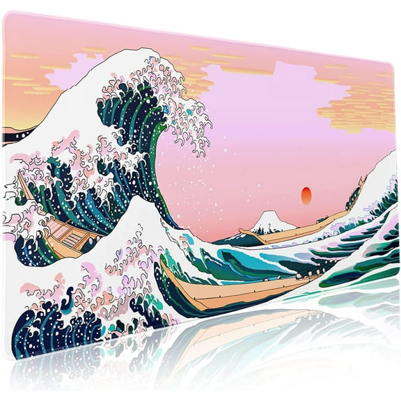 Cute Pink Mouse Pad Japanese Wave Kawaii Aesthetic Extended Desk Mat 90X40 cm Non-Slip Rubber Base Stitched Edge Large XXL Playmat for Keyboard Gaming Laptop Computer Office Desktop,35.4×15.7 in
