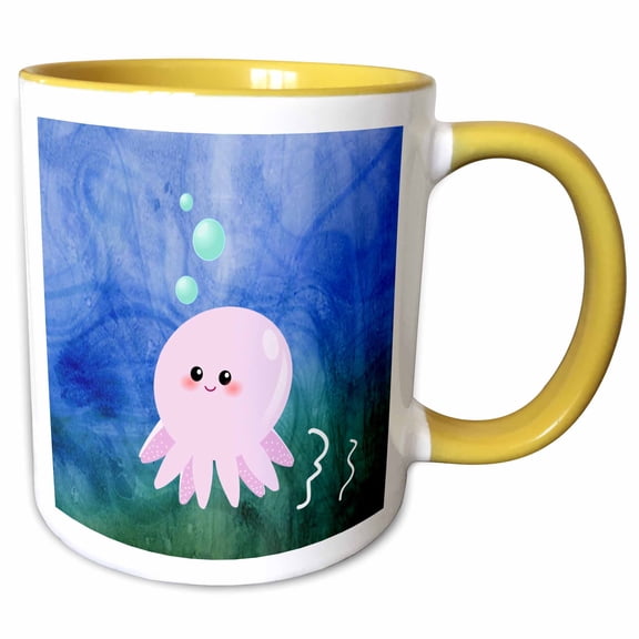 3drose, Cute Pink Octopus Cartoon - Kawaii Happy Girly Squid Underwater in Deep Blue Green Sea Ocean Waves, 11oz Two-tone Yellow Mug