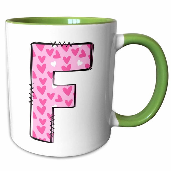 3drose, Cute Pink on Pink Hearts Monogram Initial F, 11oz Two-tone Green Mug