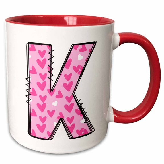 3drose, Cute Pink on Pink Hearts Monogram Initial K, 11oz Two-tone Red Mug