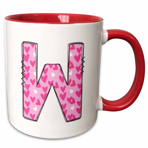 3drose, Cute Pink on Pink Hearts Monogram Initial W, 11oz Two-tone Red Mug