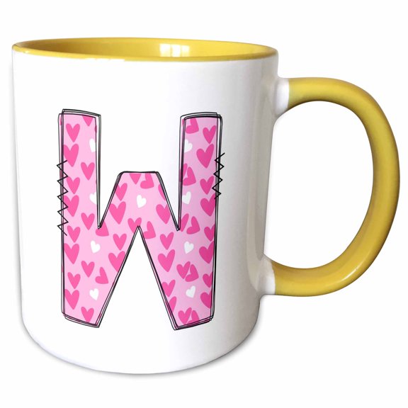 3drose, Cute Pink on Pink Hearts Monogram Initial W, 11oz Two-tone Yellow Mug