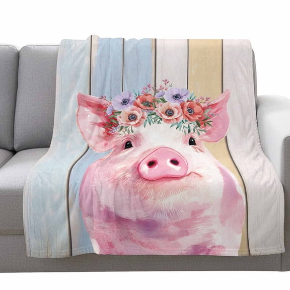 Cute Pink Pig Fleece Throw Blanket Lightweight Red Purple Flower Wooden Stripes Farms Animal Fuzzy Flannel Throws Super Soft Cozy Flannel Blanket for Couch, Sofa, Bed, Travel 40"x50"