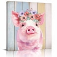 thumbnail image 1 of Cute Pink Pig Framed Canvas Wall Art, Red Purple Flower Wooden Stripes Farms Animal Wall Art Painting for Living Room Bedroom Home Decor, 8”x8”, Office Artwork Print, 1 of 9