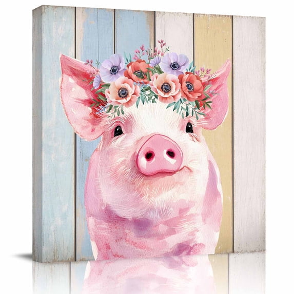 Cute Pink Pig Framed Canvas Wall Art, Red Purple Flower Wooden Stripes Farms Animal Wall Art Painting for Living Room Bedroom Home Decor, 8”x8”, Office Artwork Print
