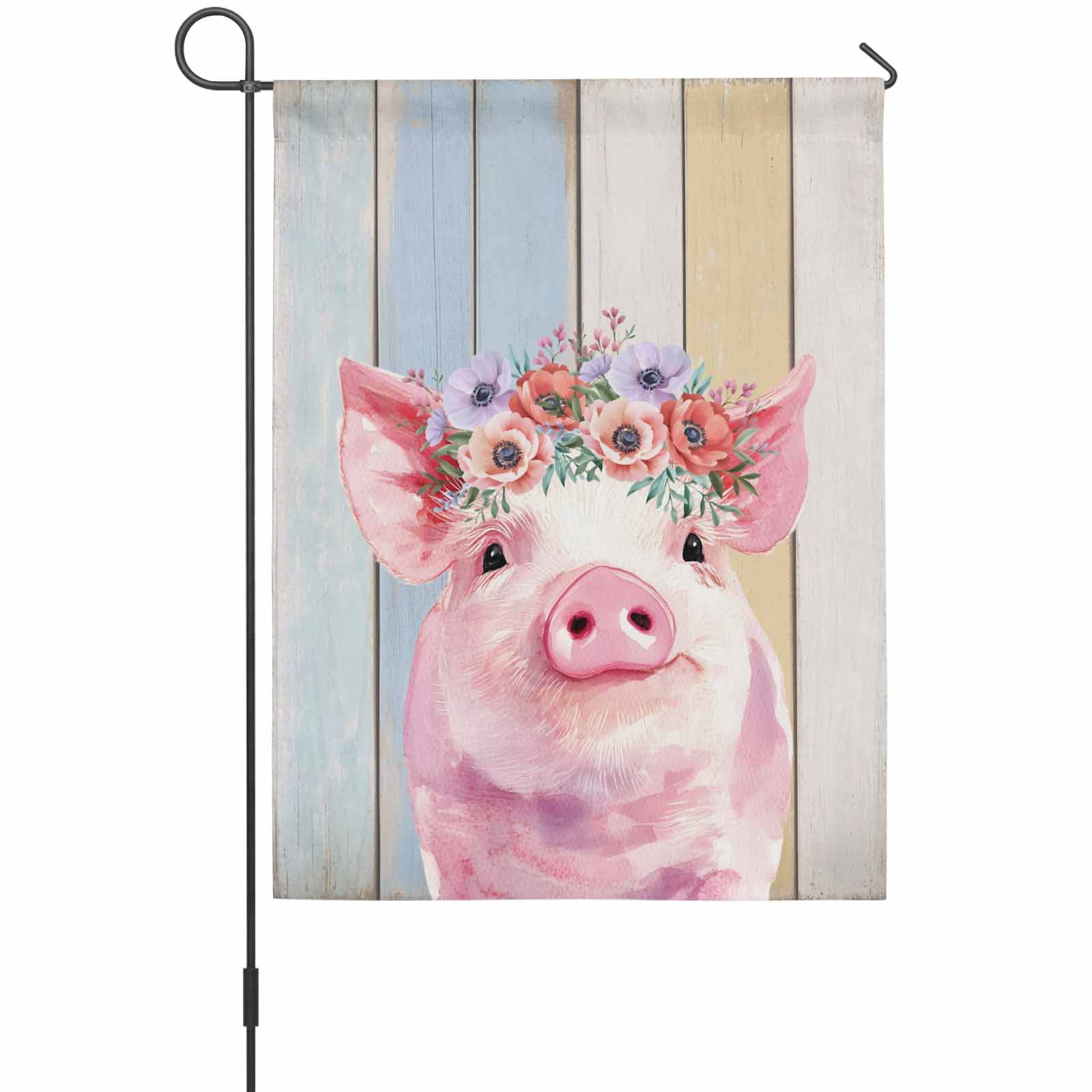 Cute Pink Pig House Flag 28 x 40 Inches, Red Purple Flower Wooden Stripes Farms Animal Weather Proof Outdoor Patio Flags Double Sided Small House Decoration for Yard Lawn Outside Home