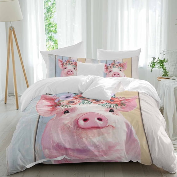 Cute Pink Pig Queen Size Comforter Set, Red Purple Flower Wooden Stripes Farms Animal Bedding for All Seasons, 4 Pcs Bed Set, 1Quiltcover (90"x92") ,1Sheet(94"x116"), 2Pillowcases (30"x20")