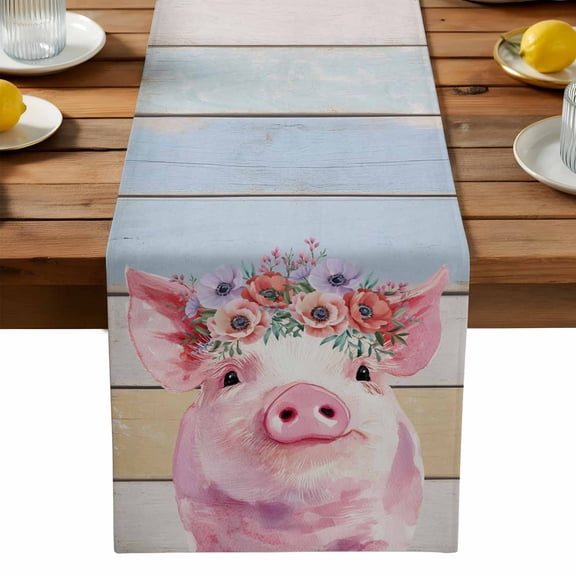 Cute Pink Pig Table Runner, Red Purple Flower Wooden Stripes Farms Animal Washable Kitchen Table Runners Dress Scarves for Dining Table Decorations Party, 13x90in