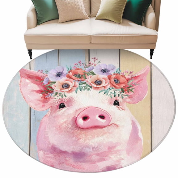Cute Pink Pig Washable Round Area Rug 6 ft, Red Purple Flower Wooden Stripes Farms Animal, Soft Non Slip Rugs Stain Repellent Indoor Felt Carpet for Living Dining Room Bedroom Home Office