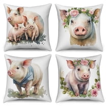 Cute Pink Pig and Flower Throw Pillow Covers 18x18 Set of 4,Farmhouse Decorative Pillow Cases for Bedroom Sofa Couch