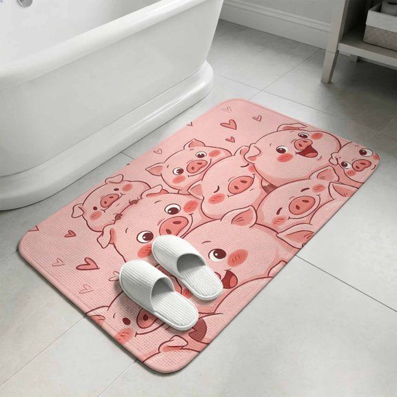 Cute Pink Pigs Bathroom Rugs Non Slip Washable Bath Mat Absorbent Low Pile Front Door Mat Animals Cartoon Love Heart Indoor Doormat for Kitchen Entryway Shower Decor Accessories 19.7"x31.5"