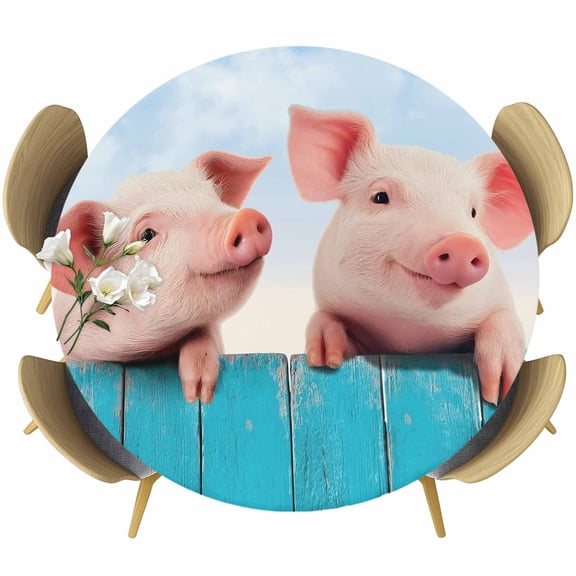 Cute Pink Pigs Round Tablecloth 55-60 Inch Round Fitted Table Cloth with Elastic Edge, Country Farmhouse Animals Wooden Blue Waterproof Table Cover Protector for Outdoor Picnic Party Dining