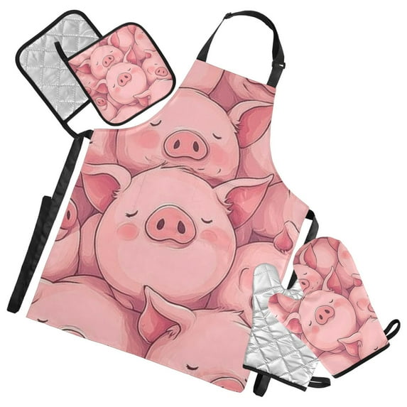 Cute Pink Pigs Sleeping Oven Mitts and Pot Holders with Chef Apron Set 5 Pcs Kitchen Cooking Set