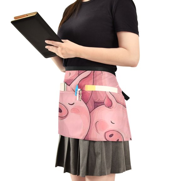 Cute Pink Pigs Sleeping Server Apron with 3 Pockets Waist Apron for Waiter Waitress