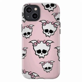 Cute Pink Pixel Skull Phone Case, Retro 8-Bit Style Skull with Bows Pattern, Protective Slim Cover for iPhone 16 15 14 13 12 Pro Max Mini