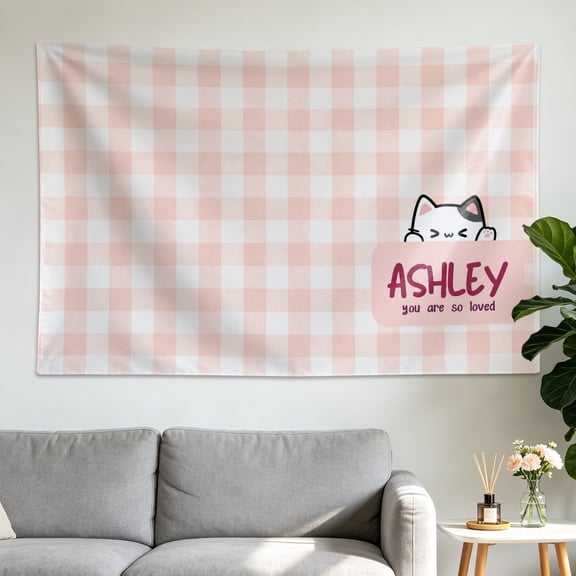 Cute Pink Plaid Cat Pattern Wall tapestry, Large size Printed Horizontal Tapestry blanket, Polyester Fabric Wall Hanging for bedroom, living room, No Installation Required, Indoor, Outdoor, Gift for