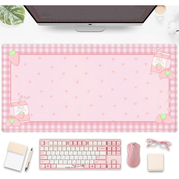 Cute Pink Plaid Desk Mats Strawberry Milk Gaming Desk Pad, Kawaii Extended Mouse Pad Kawaii Large Keyboard Mats XXL, Laptop Mat for Desk, Desktop Mat Mousepad Office Decor for Women 31.5"x15.7"