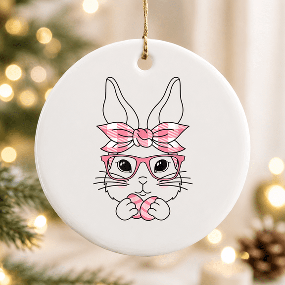 Cute Pink Plaid Pattern Easter Bunny Face Rabbit Easter Eggs Christmas Ornament, Holiday Decor Gift, Ceramic Ornament