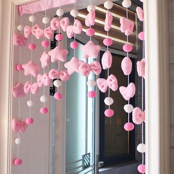 Cute Pink Plush Door Curtain, Self-Adhesive Window Curtain Decorations, Kawaii Plush Bows Stars Balls Door Curtain For Girls Bedroom