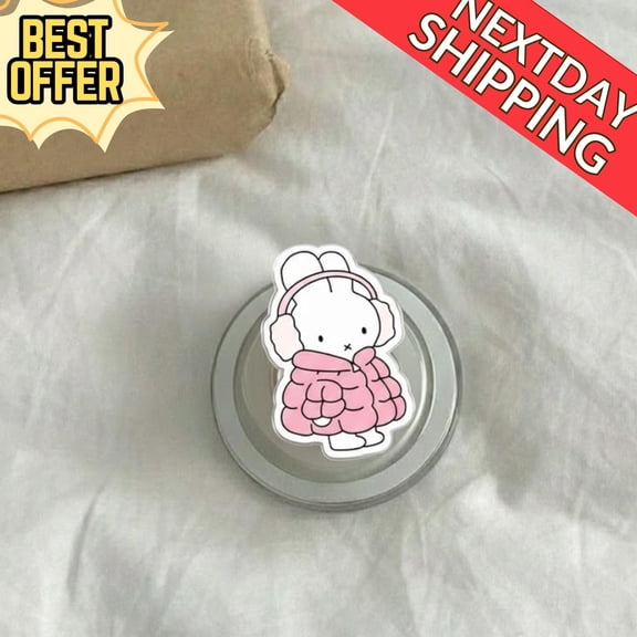 Cute Pink Puffer Bunny Magnetic Phone Grip: Kawaii Winter Rabbit , Cozy Aesthetic Phone Holder, Gift for Bunny Lovers