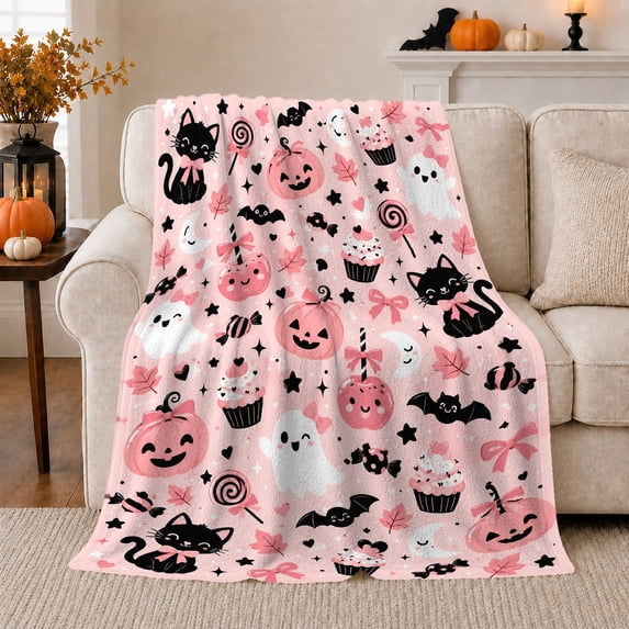 Cute Pink Pumpkin Black Cat decorative motif autumn celebration Pattern, Warm Flannel Blanket for Kitchen and Dining Room, Playful Pet Portrait Pattern, Cat Lovers autumn celebration Gift