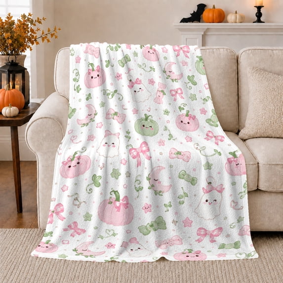 Cute Pink Pumpkin Ghosts Bows Cheerful Kawaii, Festive Halloween Scene, Warm Flannel Blanket for Living Room and Family Room, Art Lovers Halloween Gift, Festive Home Decor