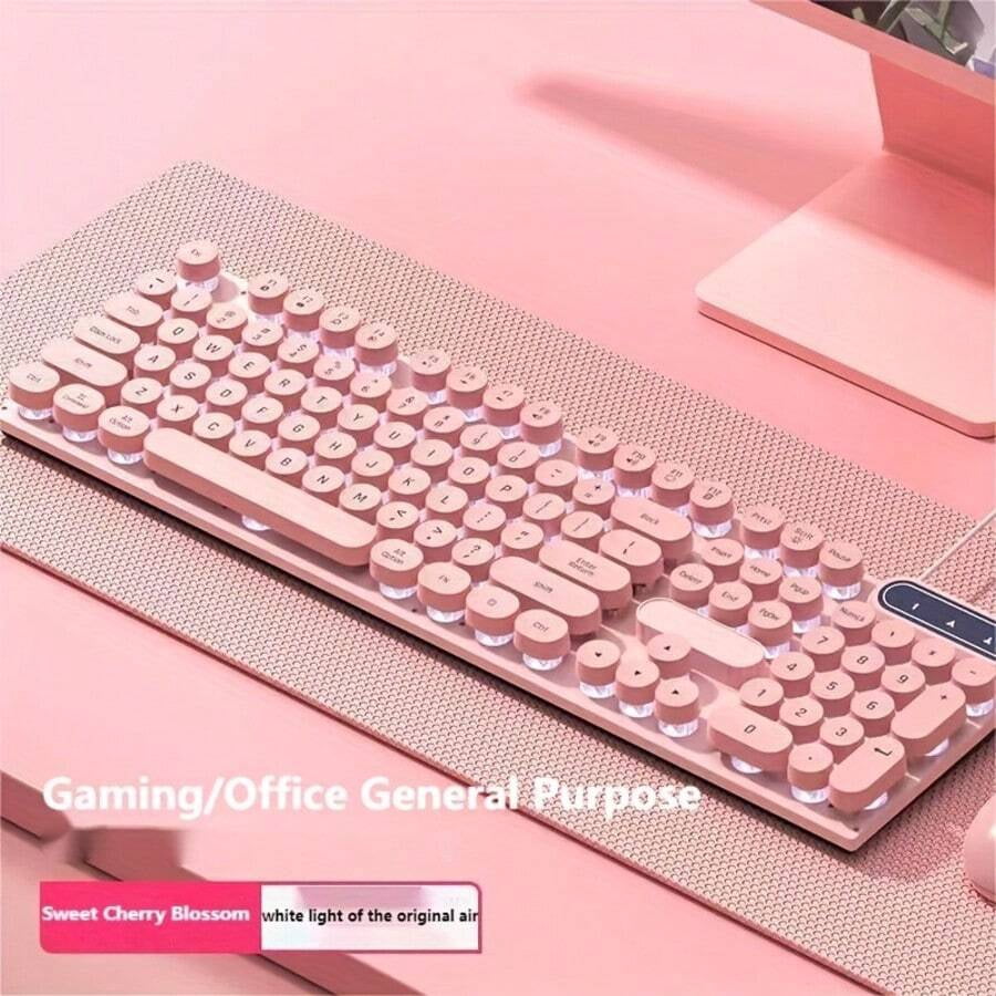 Cute Pink Retro Round Keycap Wired Keyboard, Backlit Gaming Office Keyboard For PC Laptop /Windows