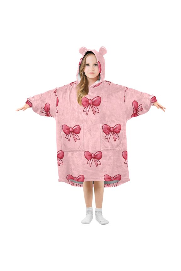 Cute Pink Ribbon Bows Flannel Wearable Blankets Hooded Design Long Sleeves Wrap Unisex for 3T-14Y S