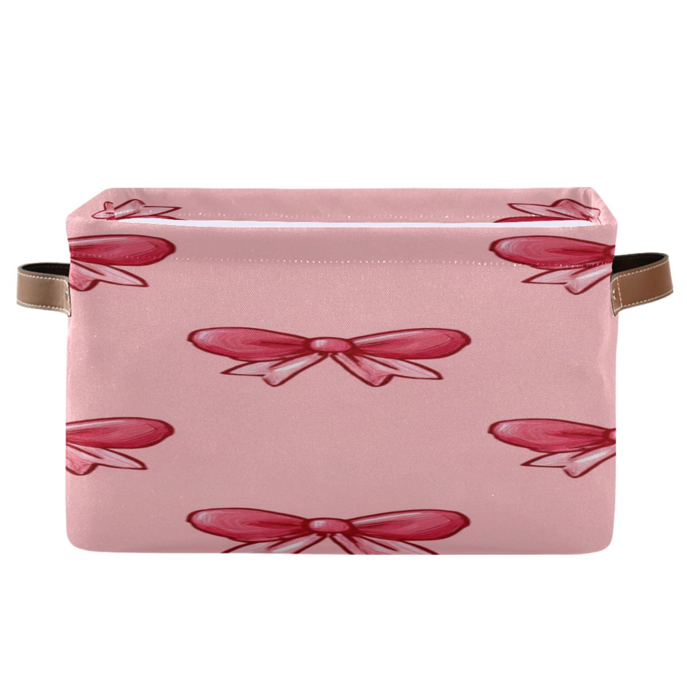 Storage Container Pink Ribbed Cute Pink Ribbon Bows Square Storage Bins with Handles Collapsible ...