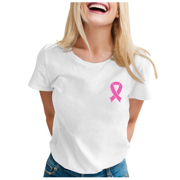 Cute Pink Ribbon Cancer Awareness Women's Printed Short Sleeve O-Neck T-Shirt Top Blouse â Small