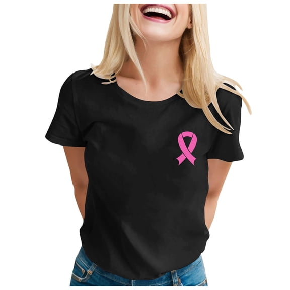 Cute Pink Ribbon Cancer Awareness Women's Printed Short Sleeve O-Neck T-Shirt Top Blouse â Small