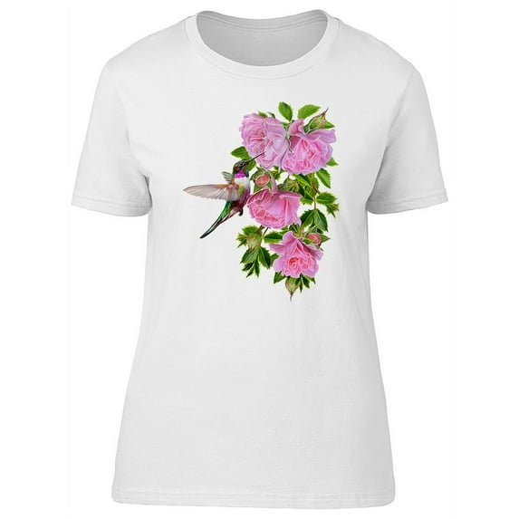 Cute Pink Roses And Hummingbird T-Shirt Women -Image by Shutterstock, Female XX-Large