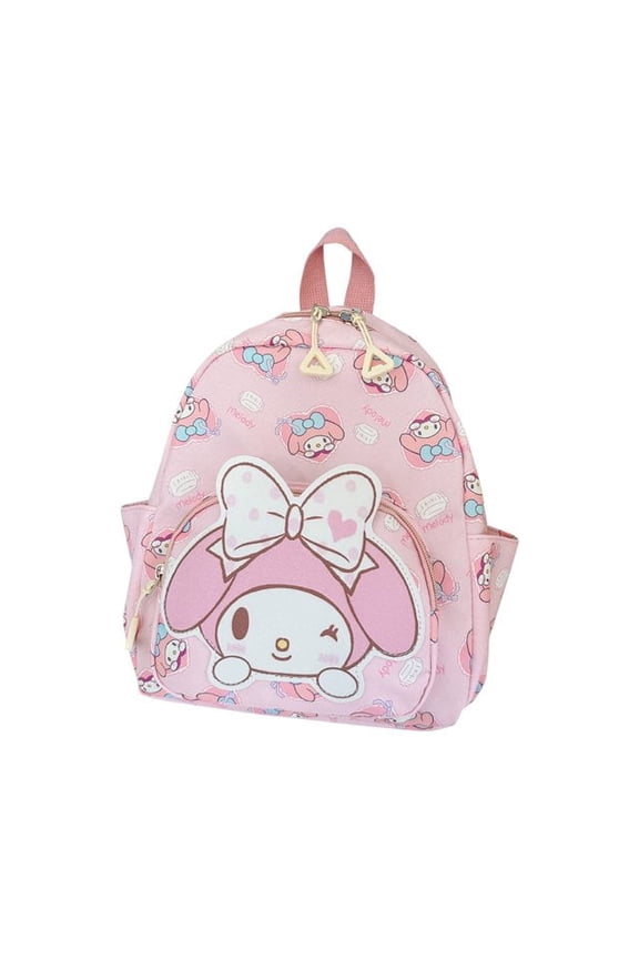 Cute Pink Sanrio Bunny cartoon-themed mini backpack, adjustable length with front and side pockets, perfect for toddler travel and as a lightweight school bag.