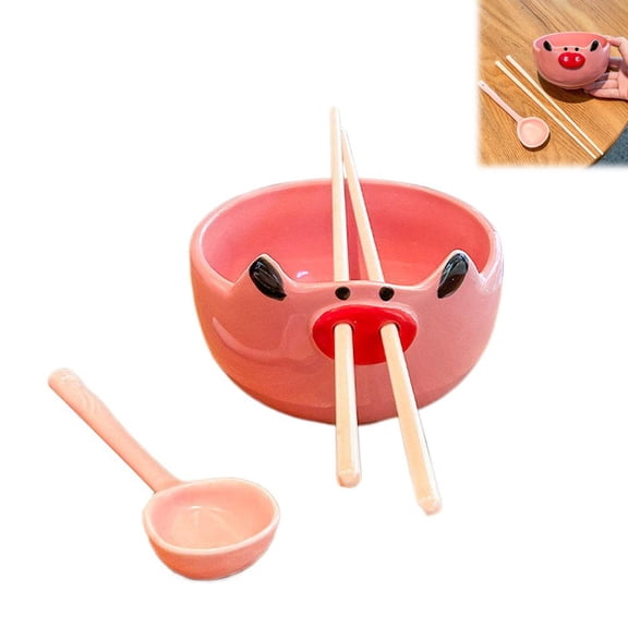 Cute Pink Shaped Bowl with Spoon and Chopsticks,3D Cartoon Pig Face Design Cute Ceramic Bowls for Serving Snacks Desserts Cereal Soup,Pig Kitchen Accessories