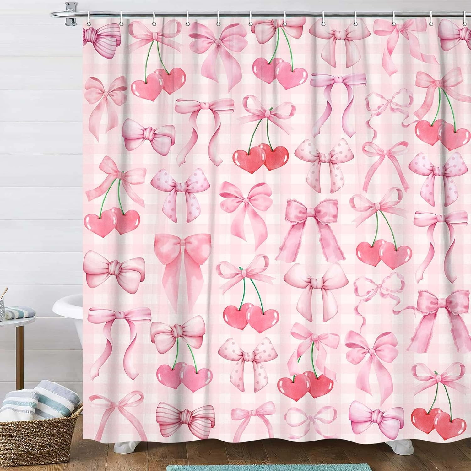 Cute Pink Shower Curtain Modern Aesthetic Coquette Bow Pretty Bathroom Decor for Girls Teens Fabric Waterproof Polyester Bathroom Decor Set with Hooks,60X72