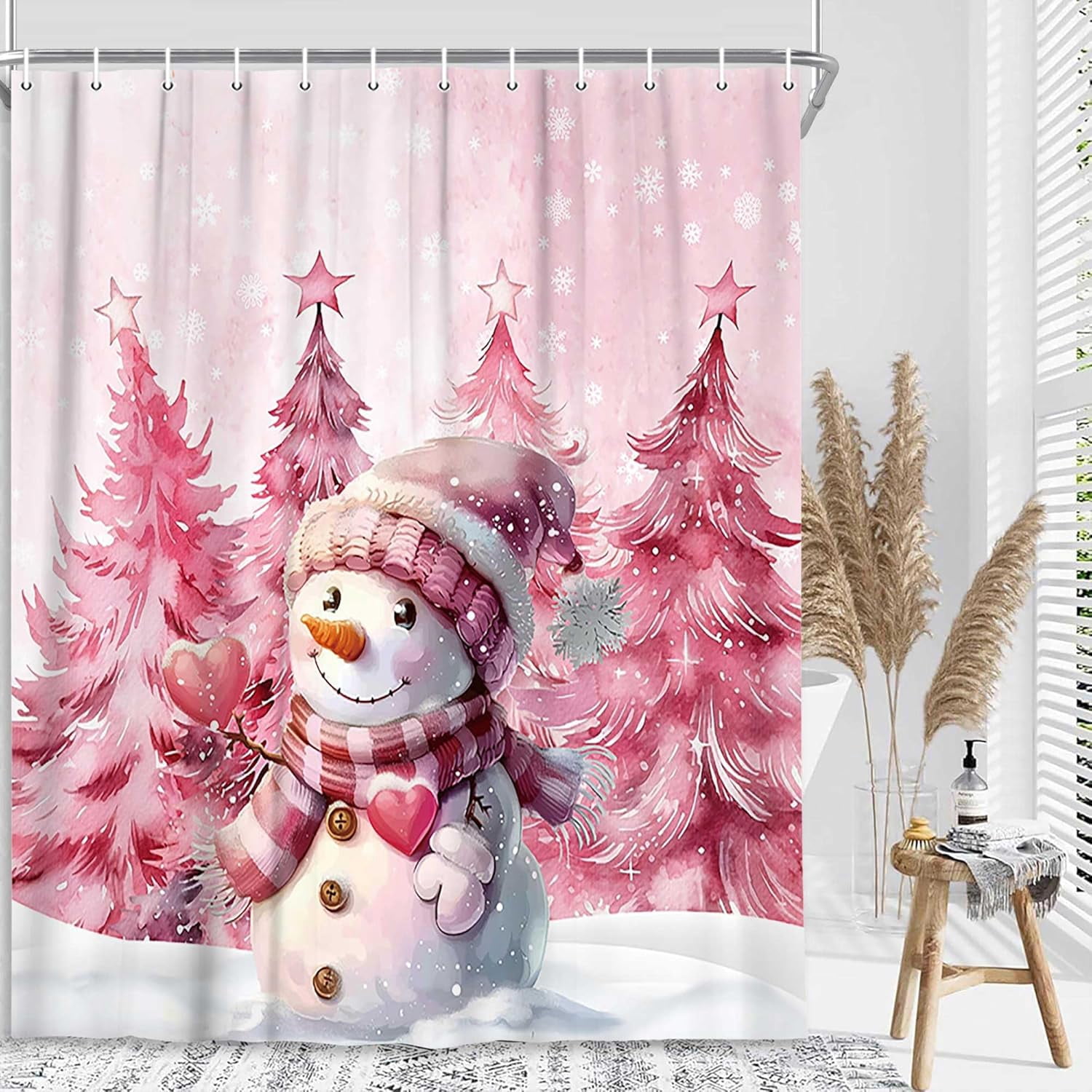 Cute Pink Snowman Christmas Kids Shower Curtain, Winter Snow Xmas Pine