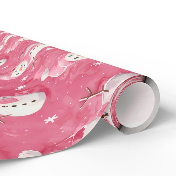 Cute Pink Snowman Wrapping Paper with Adorable Snowmen and Snowflakes for Christmas Gift Wrapping, Snow-Woman Gift Wrap, Christmas Wrapping Paper Gift