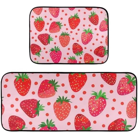 Cute Pink Strawberry Kitchen Rugs Set of 2, Cushioned Anti Fatigue Kitchen Mats Non Slip Washable, 19.7"x47.2"+19.7"x27.6"$$Home Decor, Kitchen, & Other