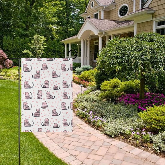 Cute Pink Striped Cat Garden Flag 12x18 inch Double Sided Outside Yard Decorations for Home Outdoor