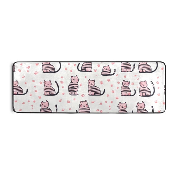 Cute Pink Striped Cat Runner Rug for Hallways Kitchen Non Slip 2'x 6' Washable Hall Carpet for Bedroom Entryway Laundry Room