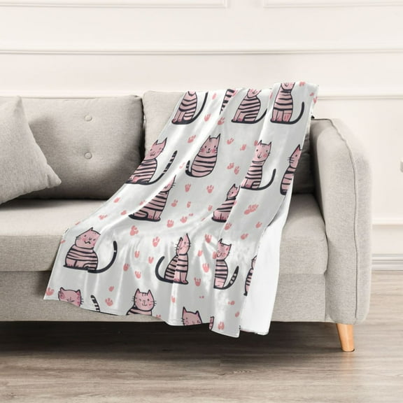 Cute Pink Striped Cat Throw Blanket 60" x 90" Soft and Warm Blankets for Couch Sofa and Bed