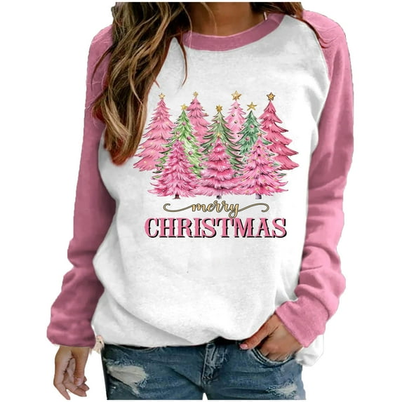 Cute Pink Sweatshirt for Women Lightweight Christmas Tree Print Round Neckline Graphic Tee Shirt Patchwork Long Sleeve Tops (Medium, Pink 05)