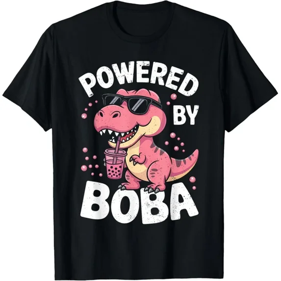 Cute Pink T-Rex Dinosaur Powered By Boba Bubble Tea Lover T-Shirt Unisex S-5XL Hot Trending Shirt, Vintage Birthday Gift
