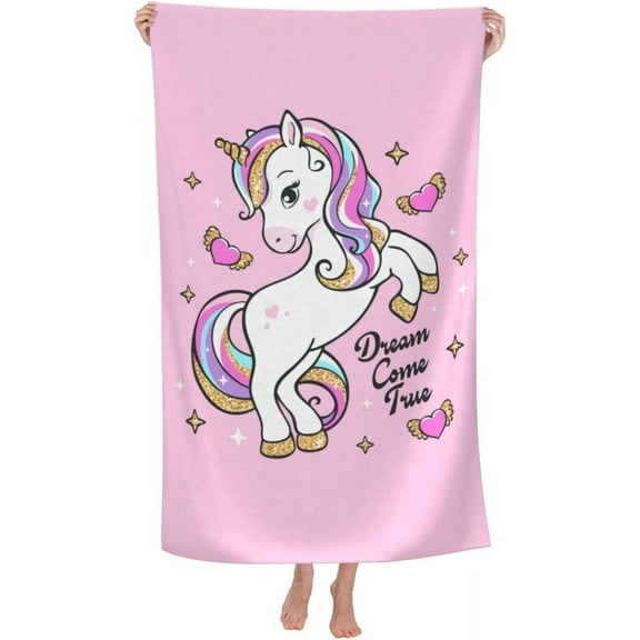 Cute Pink Unicorn Beach Towel Quick Dry Towel Lightweight Large Swimming Towel for Travel Pool Camping Super Absorbent Soft Beach Towel for Women Men Girls Boys 52x32IN