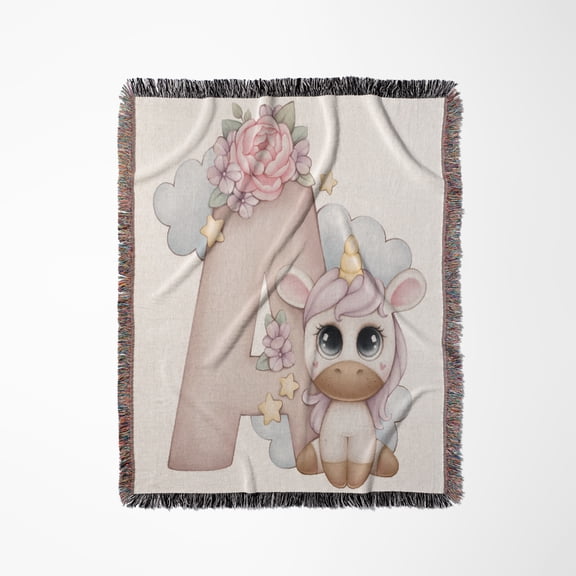Cute Pink Unicorn Monogram Initial A, Woven Blanket