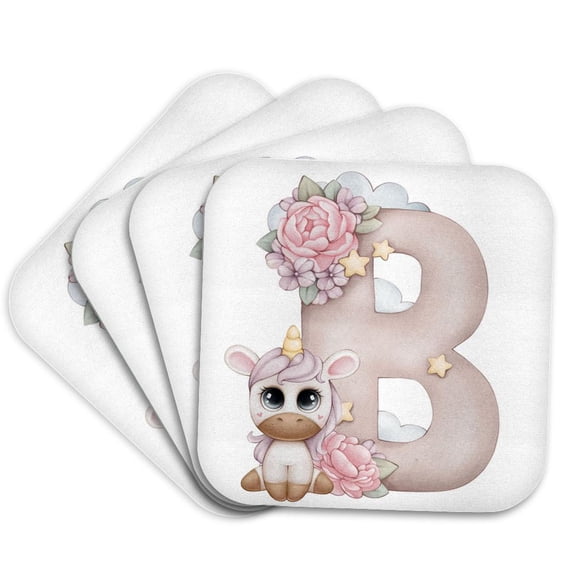 3drose, Cute Pink Unicorn Monogram Initial B, Set of 4 Coasters - Soft